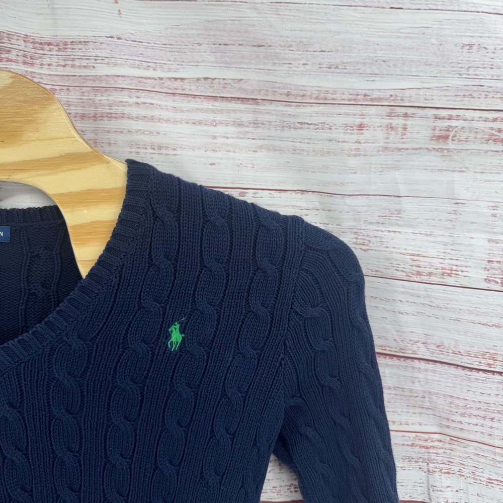 Ralph Lauren Sweater Womens Large Navy Blue Cable Knit V-Neck Casual Preppy - Picture 3 of 11